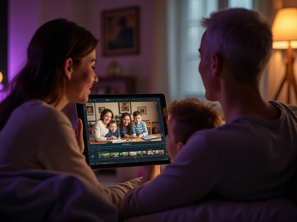 En familie, der ser restaureret gammel hjemmevideo på en moderne tablet
