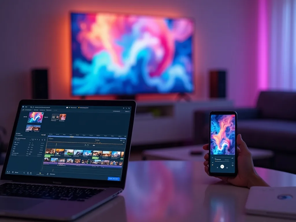 En konverteret video, der afspilles på Windows-laptop, Android-telefon og TV