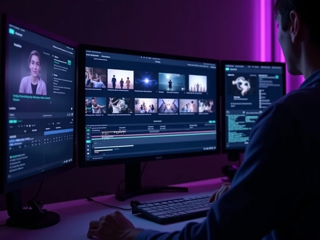 A multi-scene AI movie storyboard assembling on a director's monitor