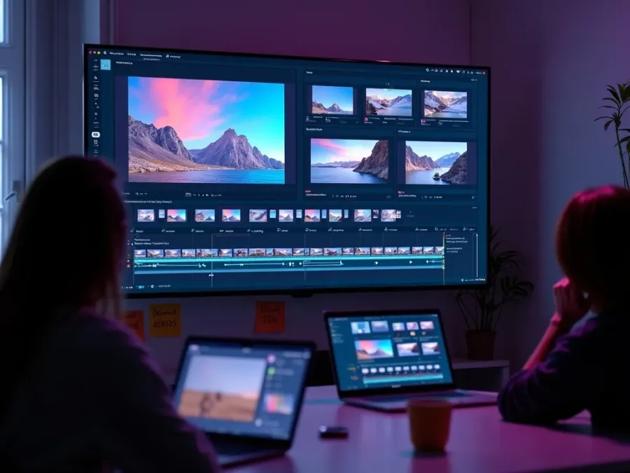 Een agency-team dat een muur met AI-gegenereerde campagnevideo's voor klanten bekijkt