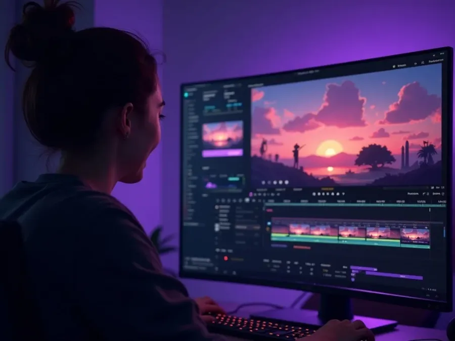 Eine lebendige Anime‑Szene, die auf dem Monitor einer Künstlerin gerendert wird