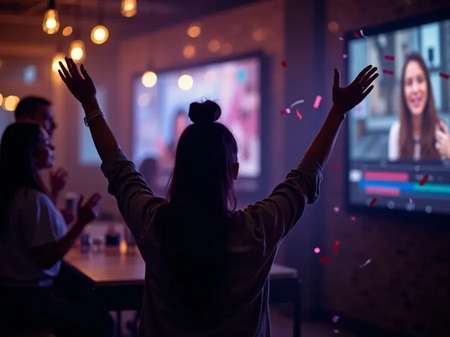 O echipă premiază un videoclip promo pe un ecran de perete