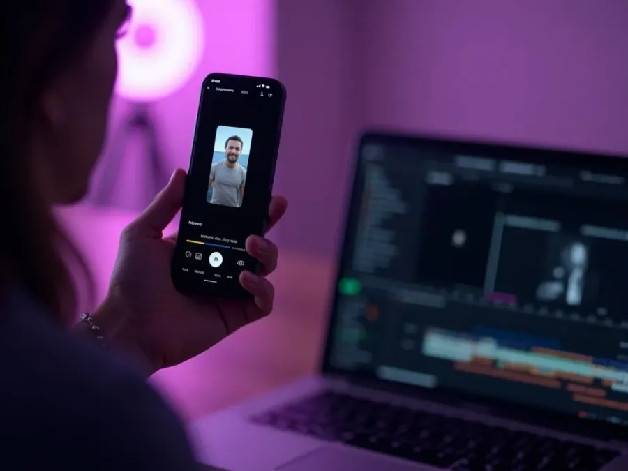 مبدع يحمل هاتفًا يعرض فيديو TikTok عمودي مُنتج بالذكاء الاصطناعي