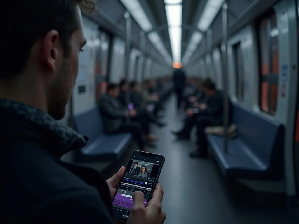 En pendlers der ser en lydløs video med undertekster på sin telefon