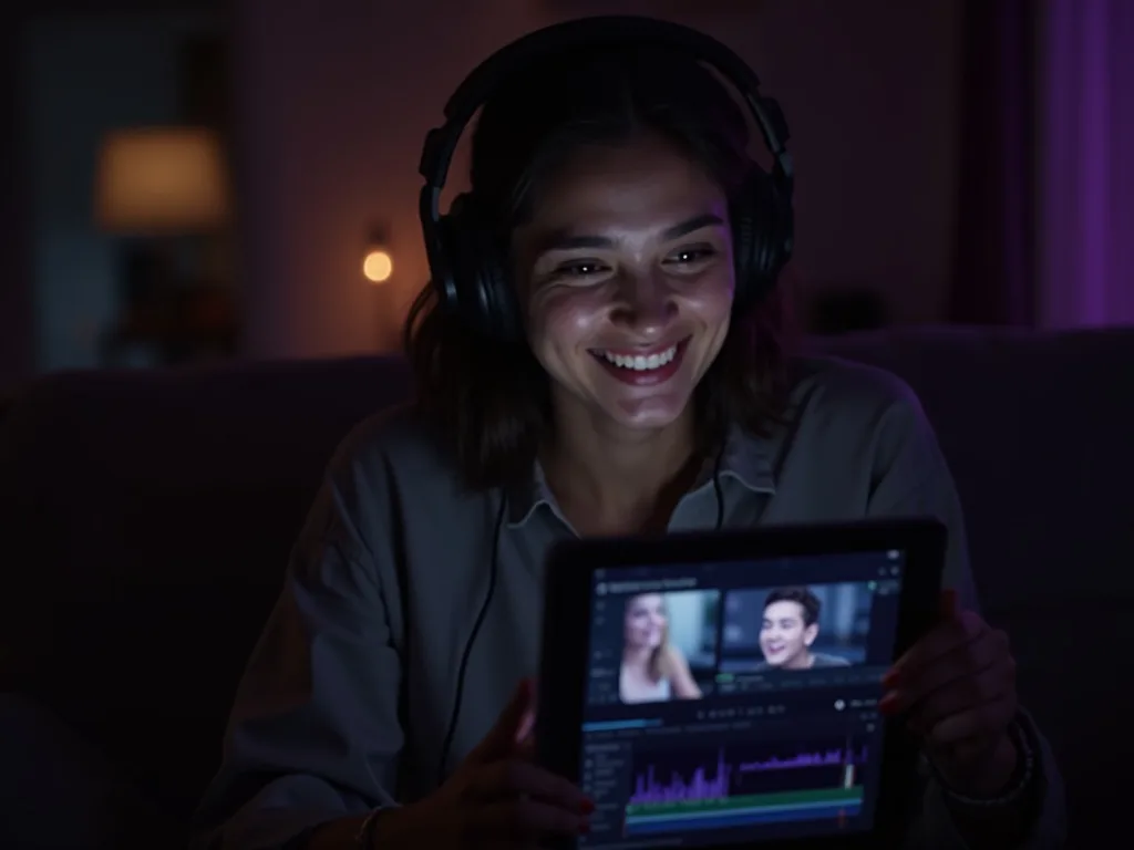En seer med hovedtelefoner der nyder en dubbed video på et tablet