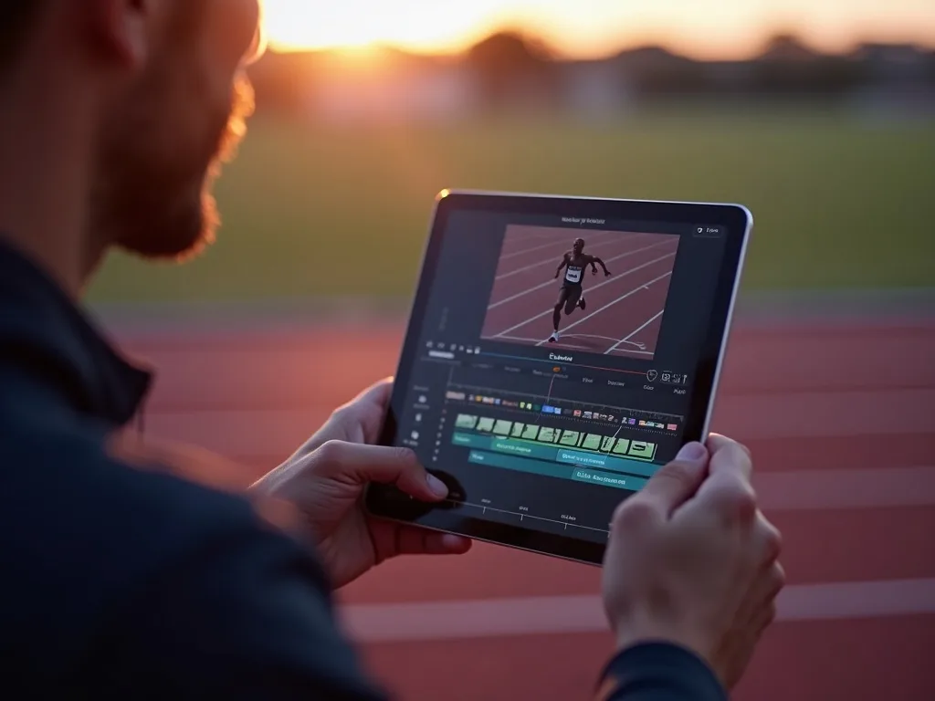 En træner, der gennemgår slowmotion sportsoptagelser på et tablet